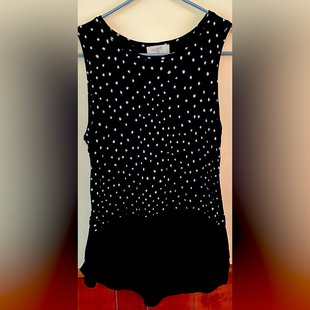 Ann Taylor Loft black with white polka dot, sleeveless blouse. Size SP.